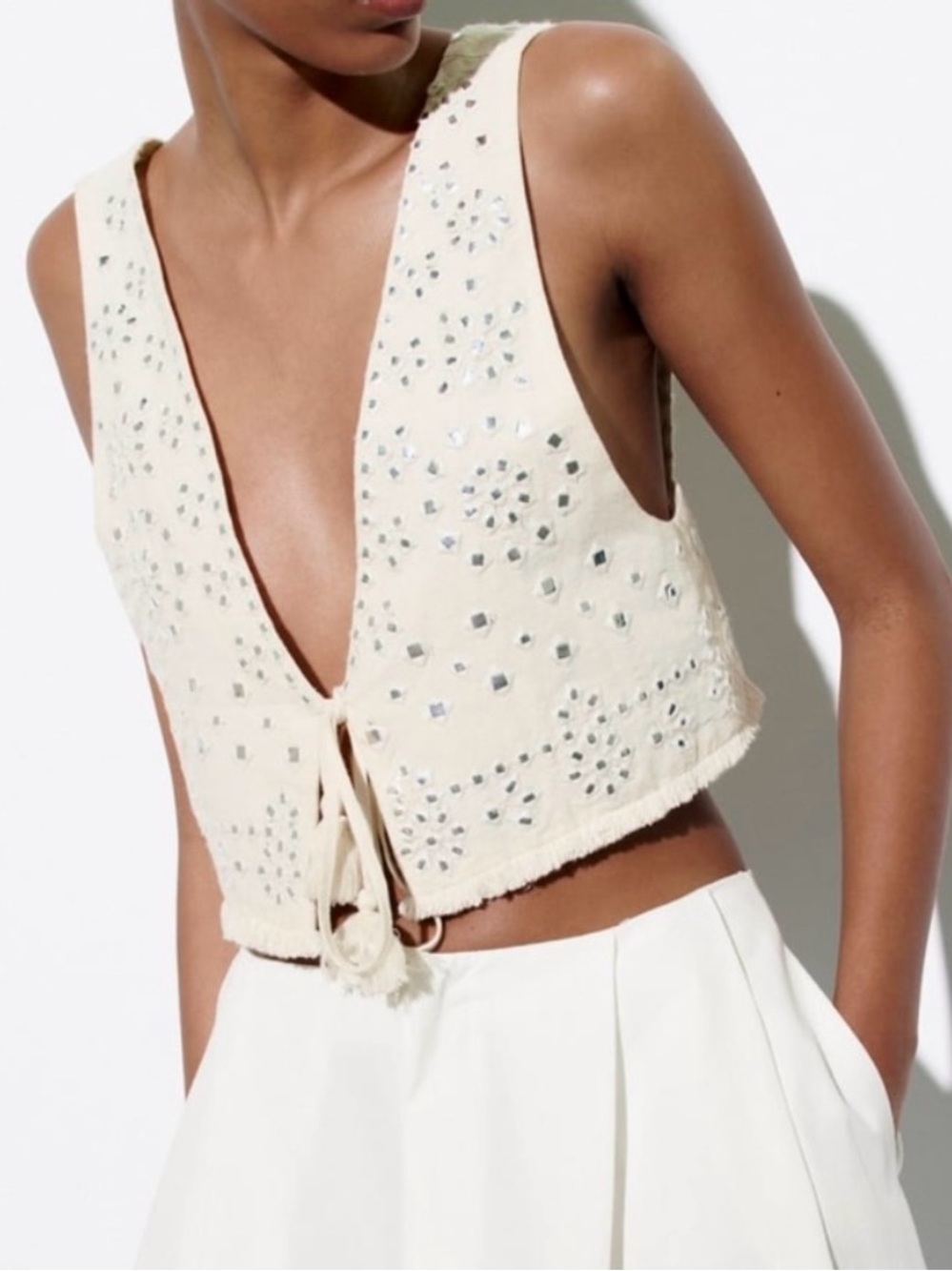 Rare Zara Embellished Cream Cropped Vest Top